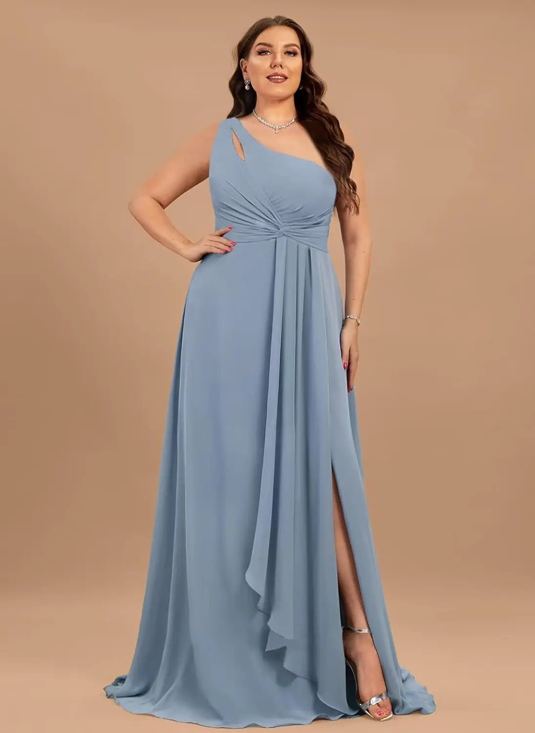 Chiffon One Shoulder Bridesmaid Dresses with Slit Long Ruched A Line Formal Evening Dress with Pockets Party Dress Luxury Dress