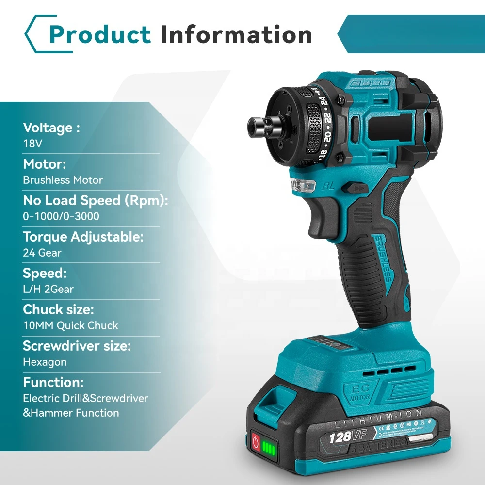 10MM Metal Electric Drill with Light 7500mAh 18V Power Drill With Lithium Battery Quick Rechargeable Impact Drill