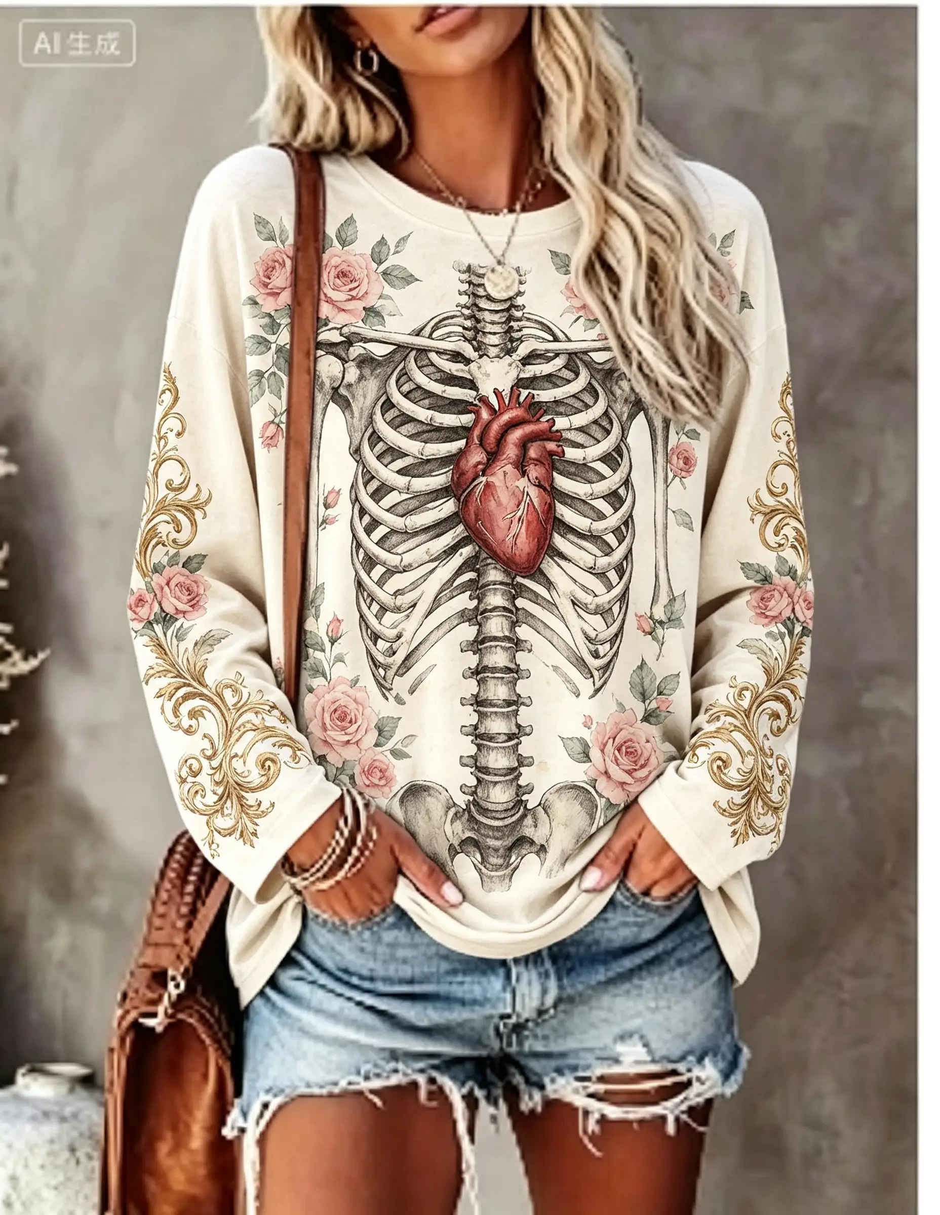 Women Halloween Long Sleeve T‑Shirt Skeleton Ribcage Purple Heart Rose Gothic Print Crew Neck Tops image 2