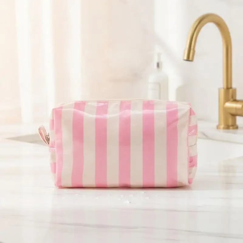PVC Striped Cosmetic Bag Makeup Bag With Zipper Waterproof Travel Toiletry Bag Makeup Brush Case 1PC