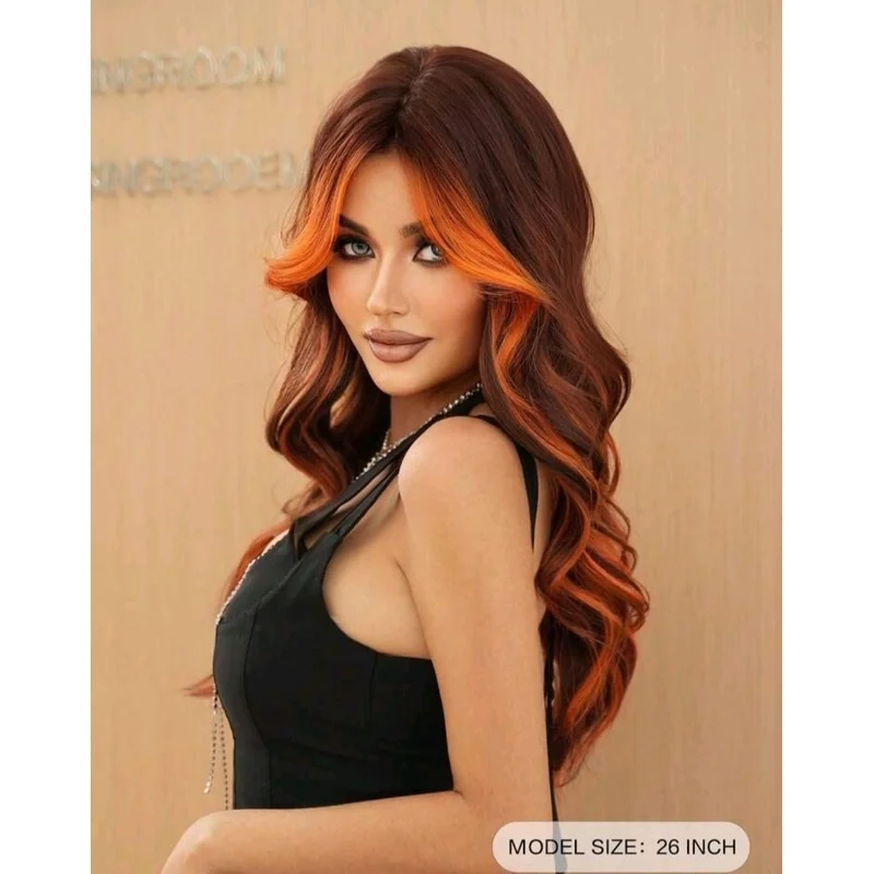 26 inches rusty brown with ice Orange highlights - High Quality wig