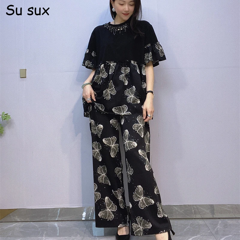 

Butterfly Print Chiffon Patchwork Wide Leg Pant Set Woman 2025 Summer O Neck Short Sleeve T Shirt Matching Sets Outfits Streetwe