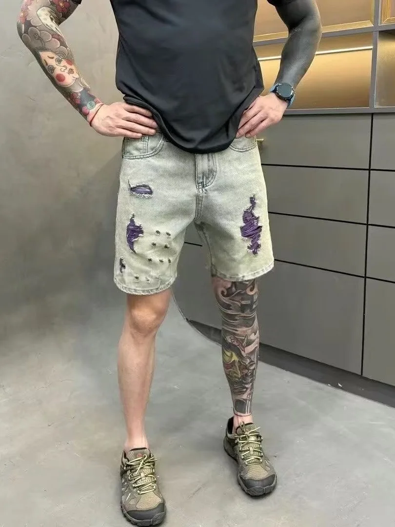 High Street Style Men's Summer Denim Shorts Five-Point Straight Leg Fashionable Casual Jeans mid Waist Zipper Fly Unisex