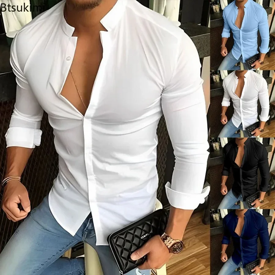 

Men's Solid Long Sleeve Shirts Fashion Stand Collar Business Casual Versatile Slim Tops Male Gym Sport Fitness Muscle Shirt