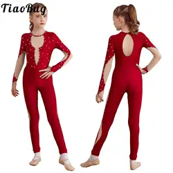 AqJumpsuit-Costume à manches longues pour enfants, justaucorps de patinage artistique, costume de batterie de yoga pour adolescents, vêtements de danse brillants pour filles