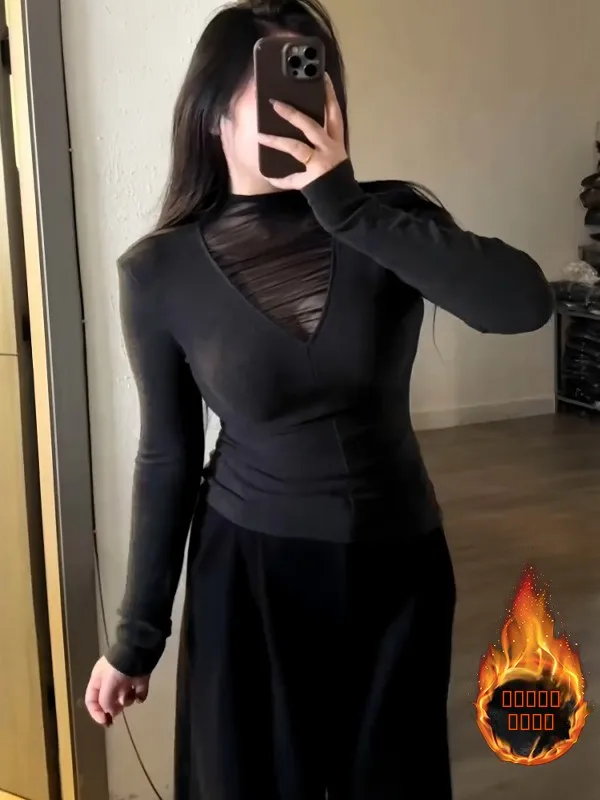 

plus Size Women's Fleece Lined Long Sleeve Base Shirt Inner Wear Tank Top Slimming Top Shoulder Length V Neck Simple Style