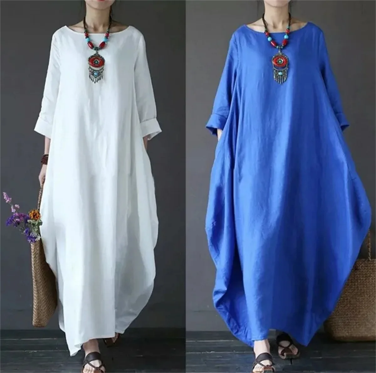 Women O-neck Loose Dresses Solid Color Seven Point Sleeve Casual Vestodis A-line Plus Size Elegant Fashion Commute Maxi Robe