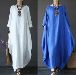 Women O-neck Loose Dresses Solid Color Seven Point Sleeve Casual Vestodis A-line Plus Size Elegant Fashion Commute Maxi Robe