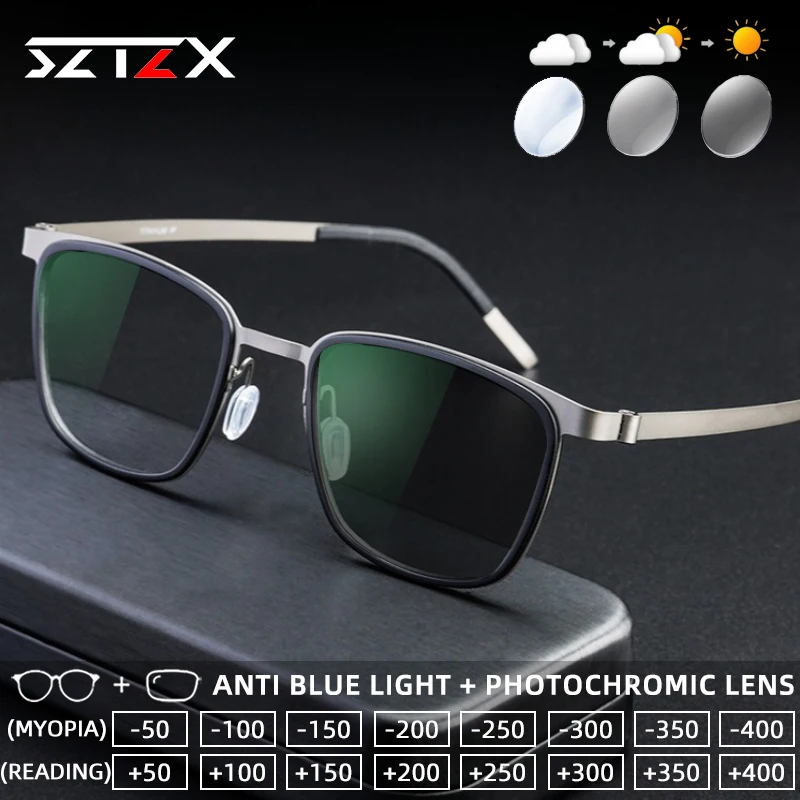 

SZTZX Ultralight Screwless Titanium Photochromic Reading Glasses Anti-Reflective Myopia Glasses Progressive Prescription Eyewear