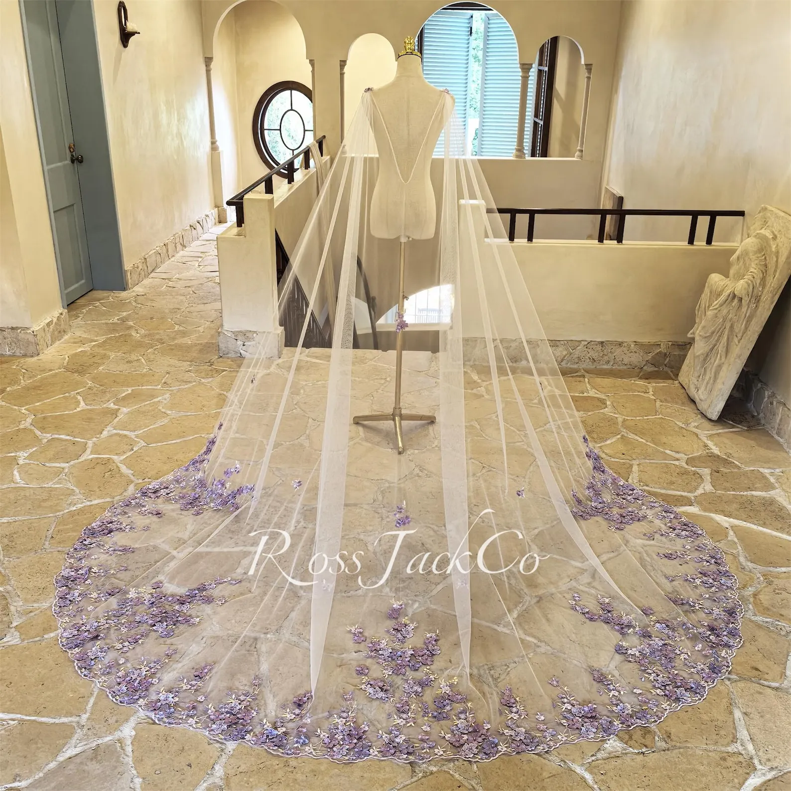 Bridal Cape with Elf Lace Purple Flower Wedding Veil Cape Soft Tulle Bridal Coat Custom Handmade Wrap Shoulder Veil Shawl