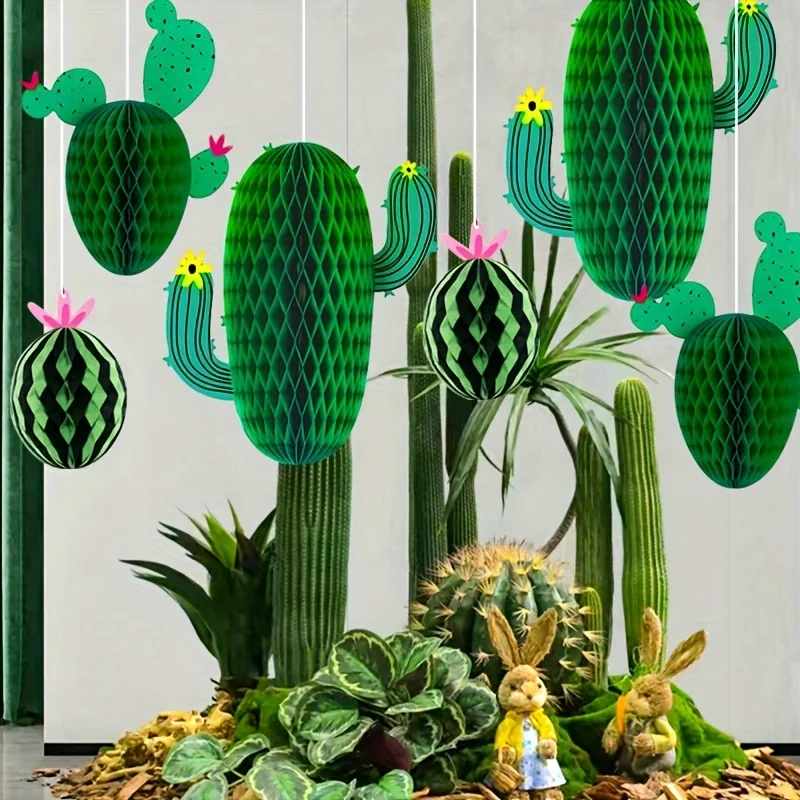 3-Pack Cactus Tissue Pom Poms Paper Honeycomb Hanging Decorations Hawaiian Theme Party Decoration Celebrations Festive Supplies