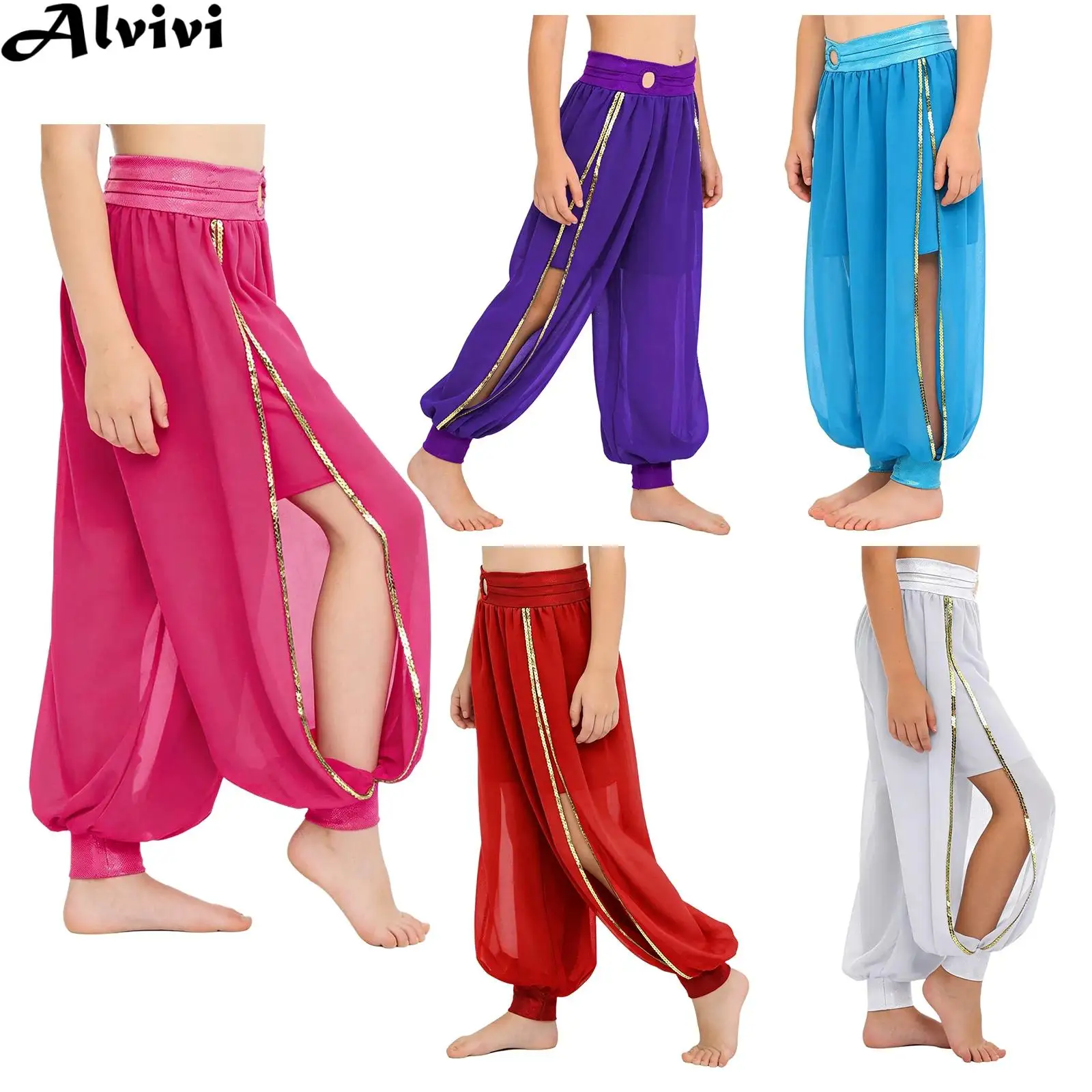 

Kids Girls Halloween Carnival Theme Party Belly Dancing Performance Costume Indian Dance Bloomers Side Split Chiffon Harem Pants