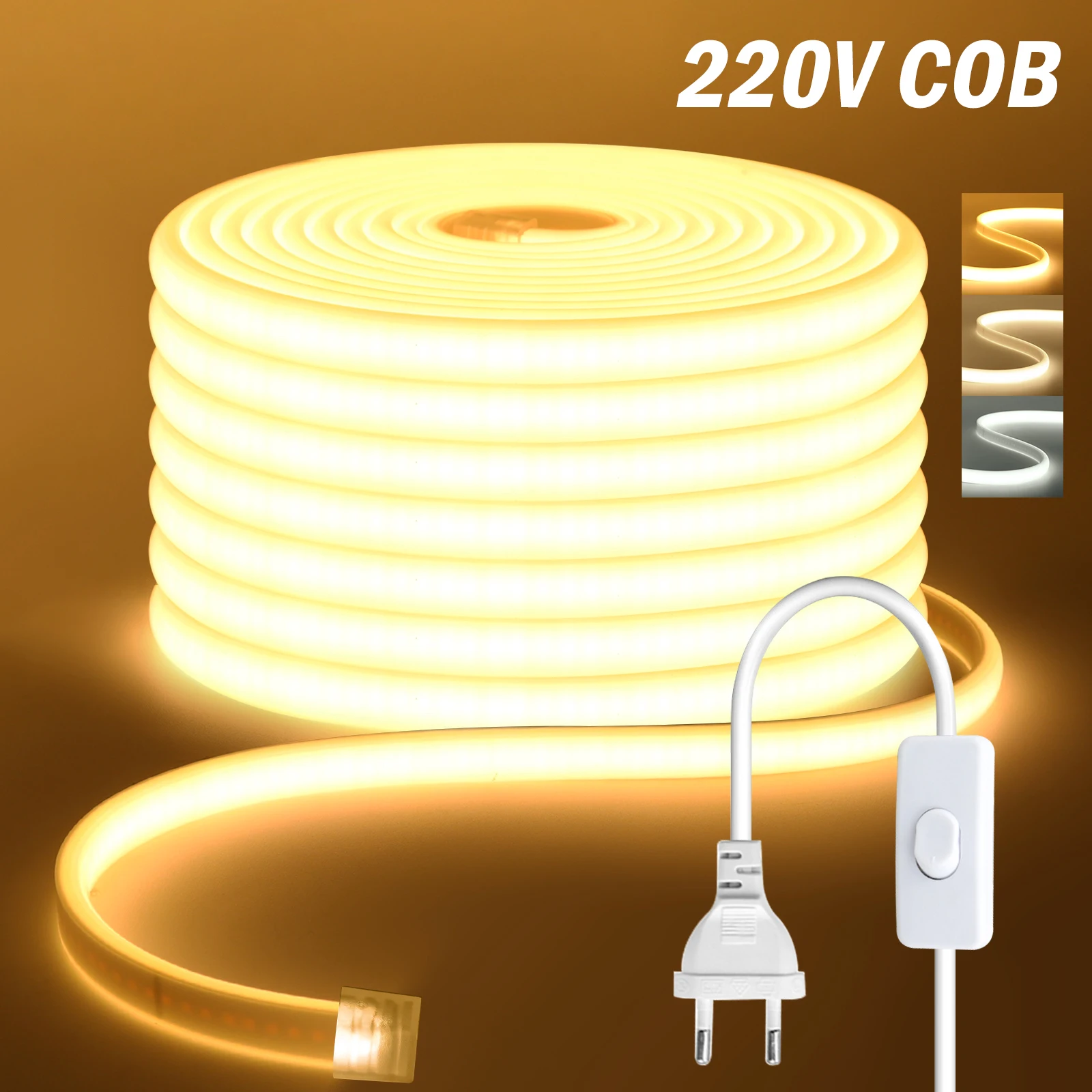 AC 220V COB LED Strip Waterproof 288LEDs/M With EU/UK Switch Plug Home Garden Kitchen Room Decor Flexible Ribbon Tape Neon Light