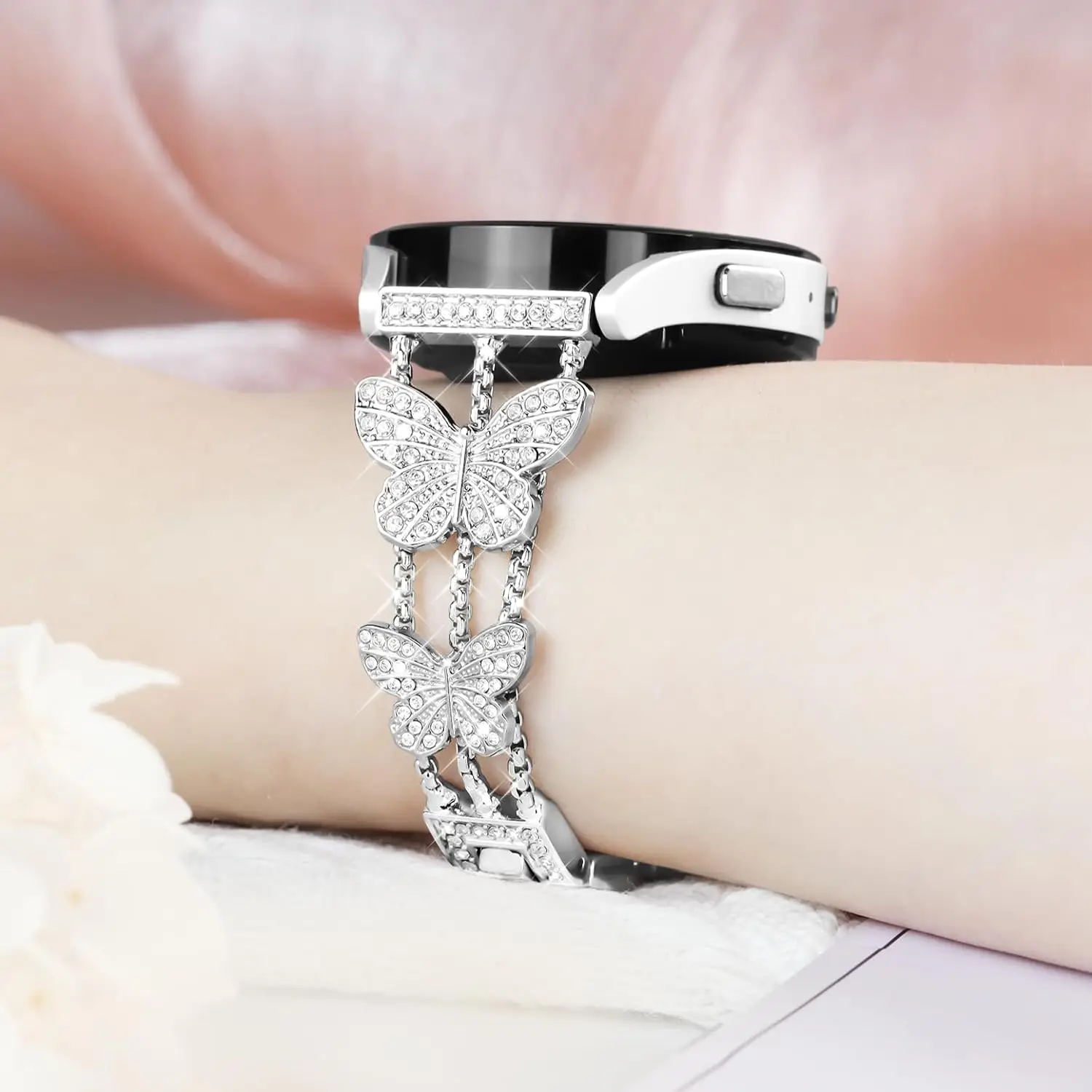 22mm Butterfly Watch Strap For Samsung Galaxy Watch 3 45mm 46mm Gear S3 Stainless Steel Watchband Fashion Rhinestone Bling Band