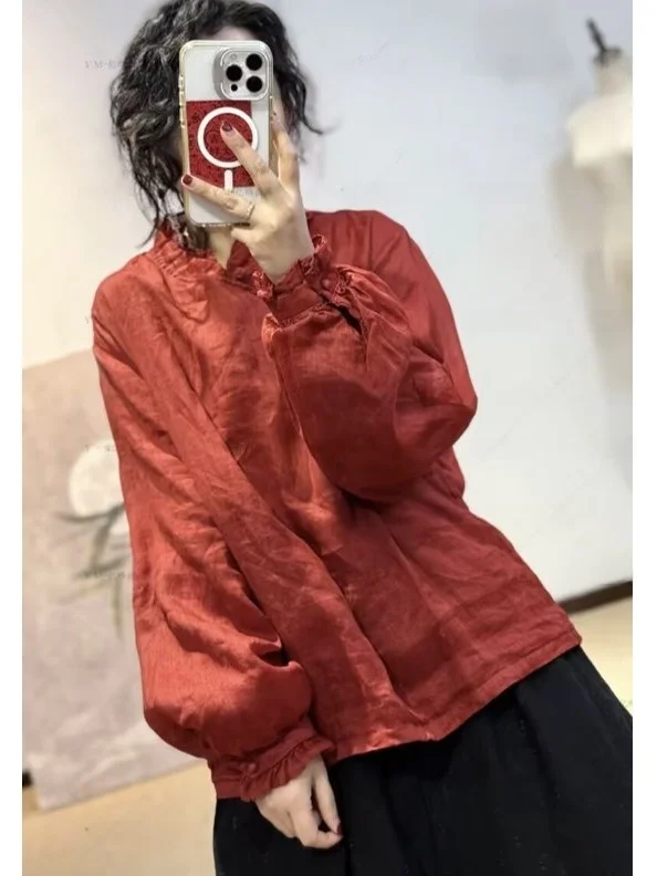 

Thiened Cotton Jaet Women's Winter Vintage Chinese Sle Embellied Collar Ear Musoom Button up Warm Filled Coat