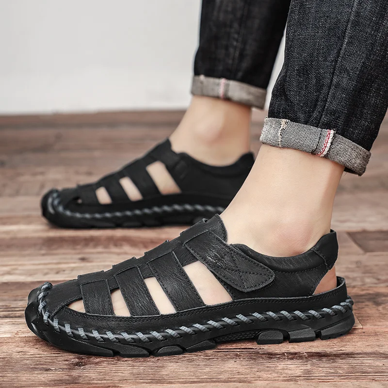 

Summer Fashion Men Plus Size Leather Hand Sewn Comfortable Casual Sandals Outdoor Breathable Soft Soled Water Wading Beach Shoes