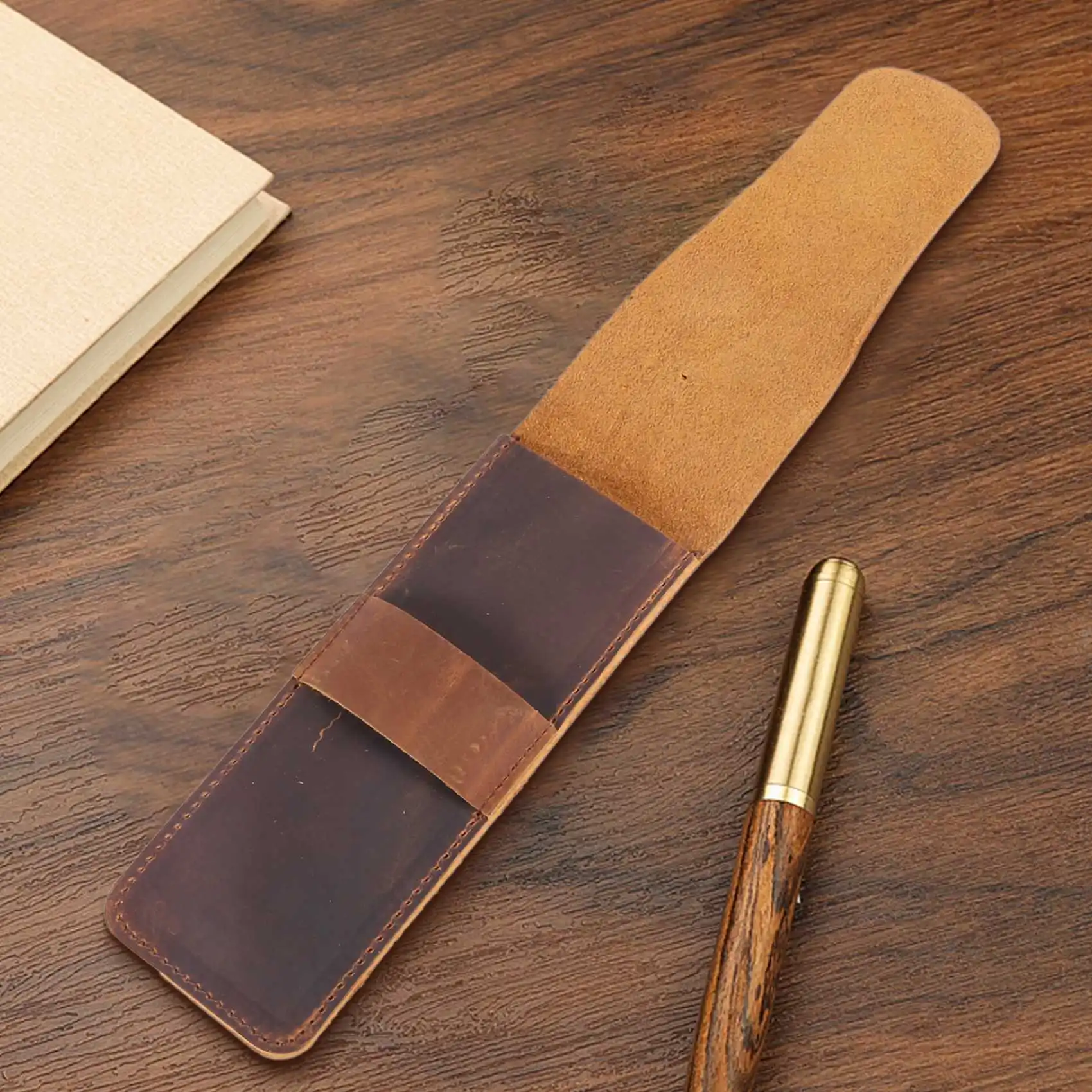 (WSFS) Handmade Leather Pencil Storage Bag Cowhide Fountain Pen Case Holder Vintage Retro Accessories for Travel Journal A - view 2