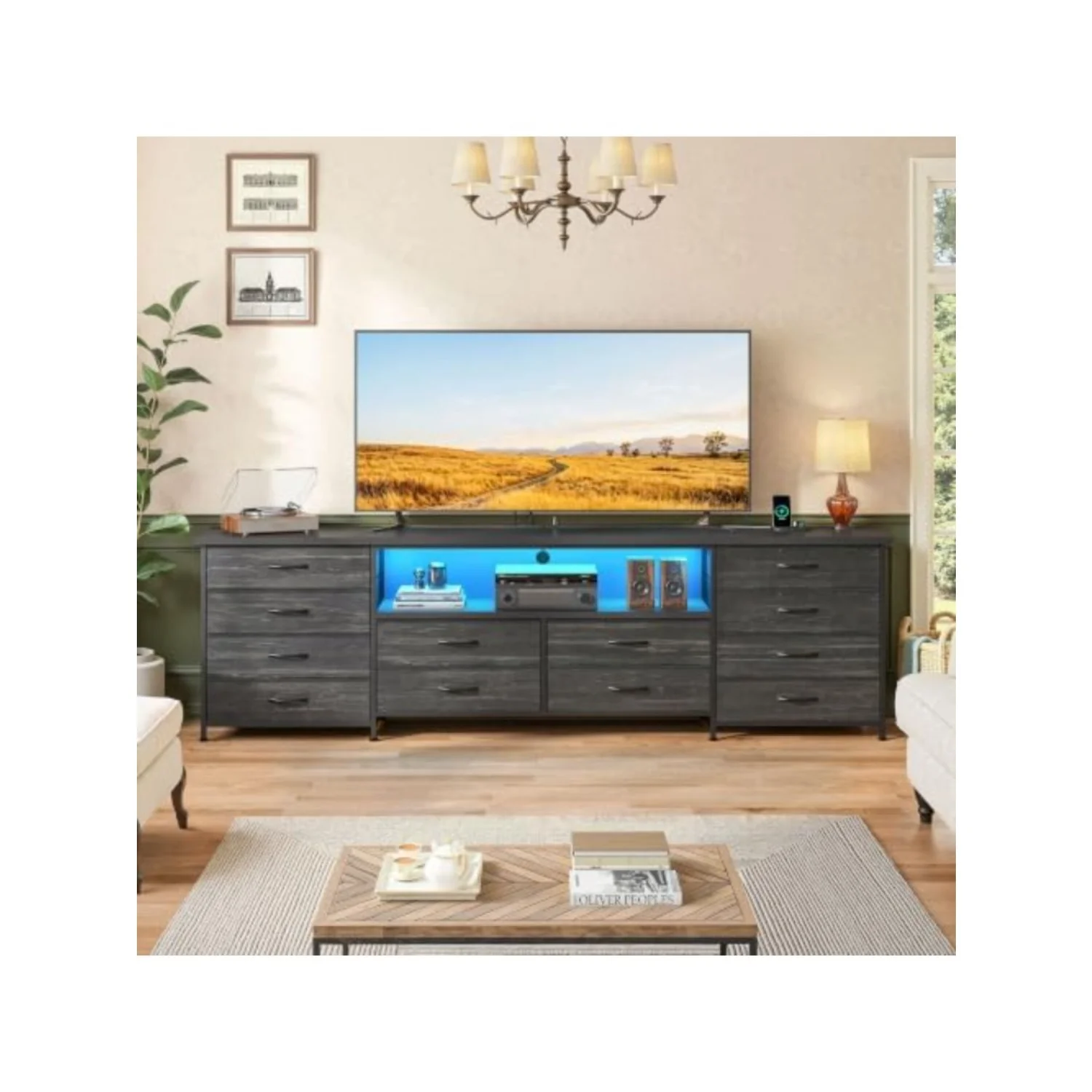 Dresser for Bedroom with 12 Drawers,LED TV Stand Fit 70