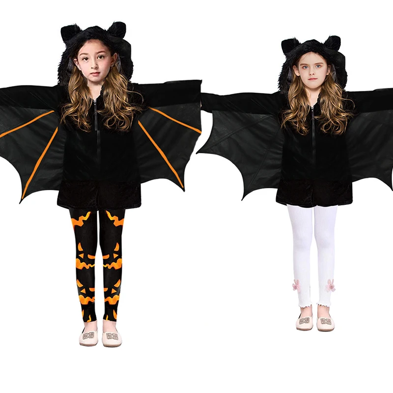 Girl Black Orange Bat Cuff With Hat and Cape Costume Kids Short Black Vampire Suitable for Cosplay Halloween Party