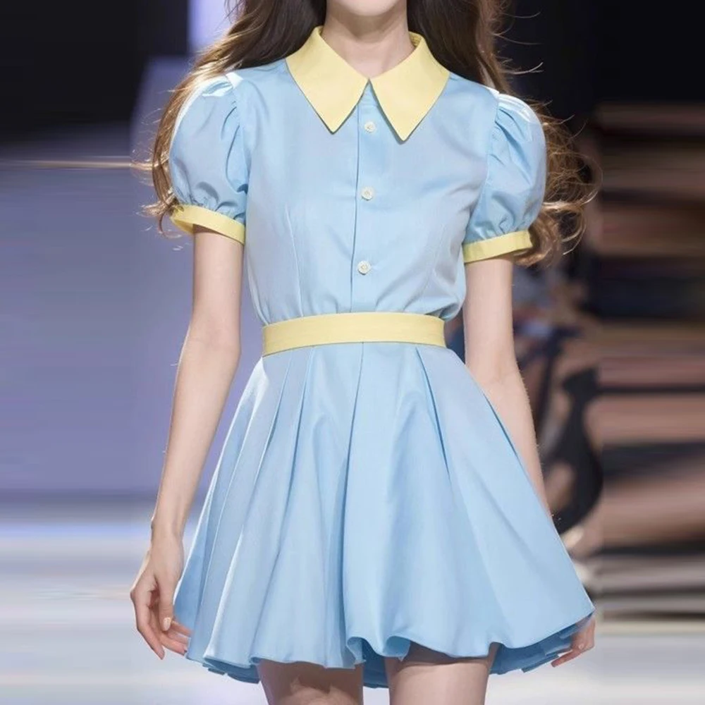 

French style small fragrance blue polo collar shirt dress, summer dopamine outfit, sweet anti-aging short dress