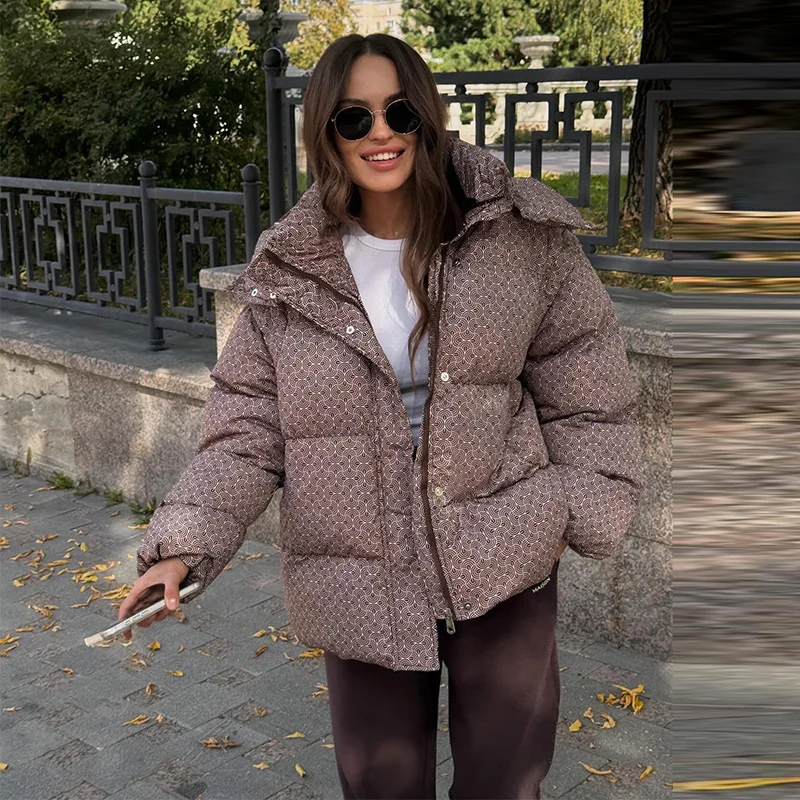 Bedruckte Damen-Pufferjacke mit Kapuze, Reißverschluss vorne, Langarmjacke, Oversize-Freizeitmantel, 2026, warme, modische Streetwear-Oberbekleidung – Detail 6