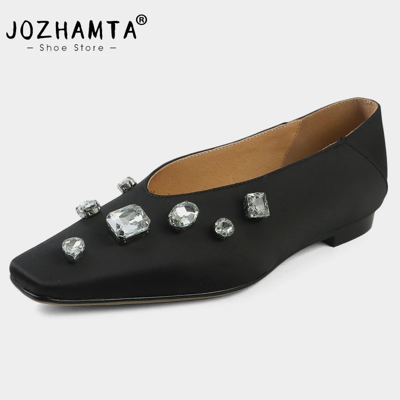 JOZHAMTA Women Flats Shoes Silk Real Leather Sparkly Crystals Low Heels Shoes Casual Party Office Lady Daily Dress Size 34-40