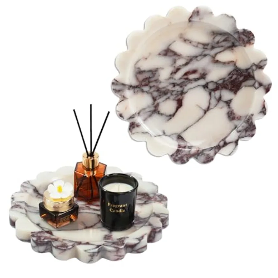 

Scalloped Round Marble Tray - 9.9 Inch Violet Stone Decorative Perfume Trinket Jewelry Dish, Catchall Organizer for Bathroom Va