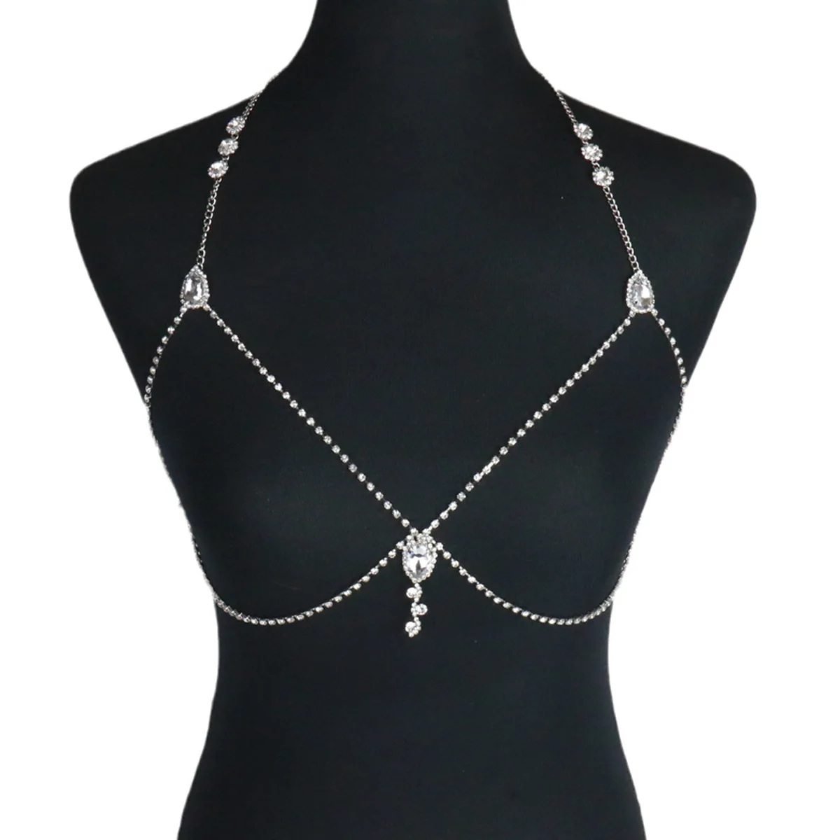 Teardrop Crystal Accent Body Harness Chain Underbust Curved Layered Drape Jewelry Glamorous Clubwear Crop Top Bra Accessory