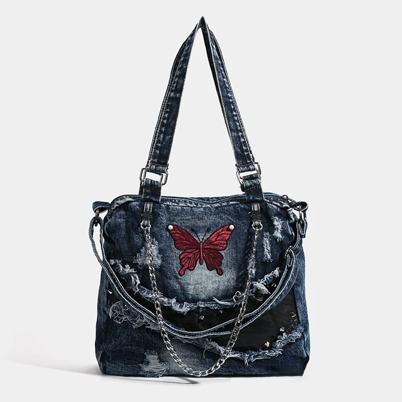 

Женская сумка через плечо с вышивкой бабочкой, джинсовая модная женская сумка-мессенджер, большая вместительная женская сумка с цепочкой, сумки-тоут