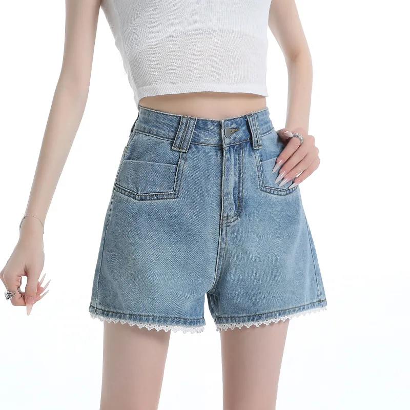 

Summer New Ladies Denim Shorts Blue Lace Lace High-Waisted Jeans Female Large Size Casual Loose Thin Wide Leg A-Line Trousers