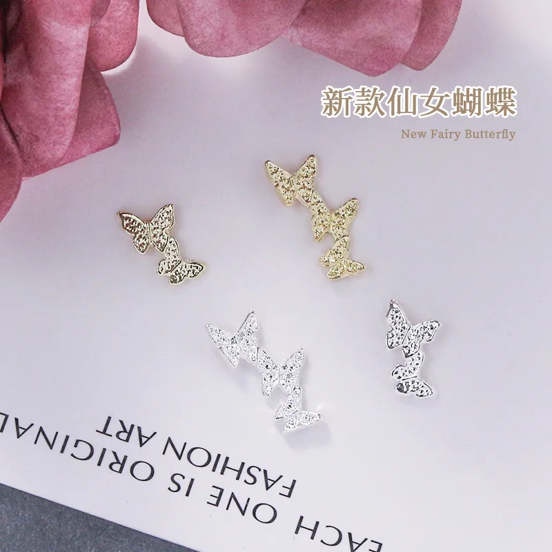 New 10pcs/bag Cute Kawaii Mini nail accessories Metal gold silver Conjoined butterfly DIY nail decoration charms gems Wholesale