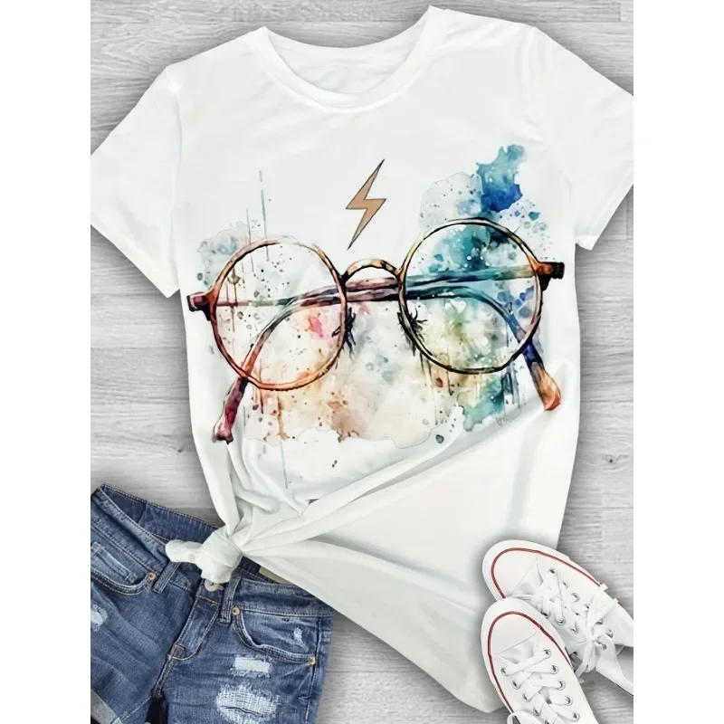 النظارات الملونة المطبوعة تي شيرت الربيع والصيف القطن تنفس عادية جولة الرقبة تي شيرت أعلى المرأة ريترو الشارع الملابس #1