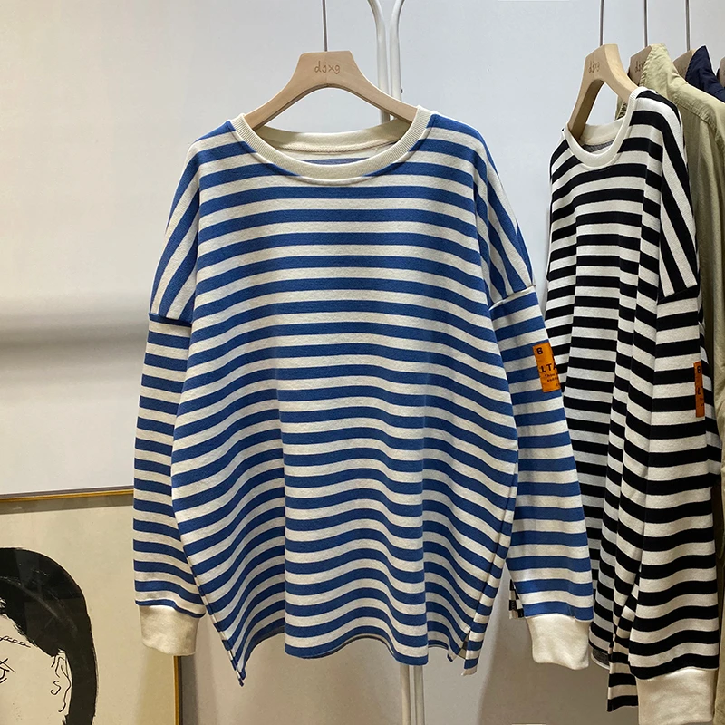 Spring Autumn Casual Thin Tops Solid Color Striped All-Matched Pullovers Korean Style Trend Sweatshirts for 18-24 Years Old