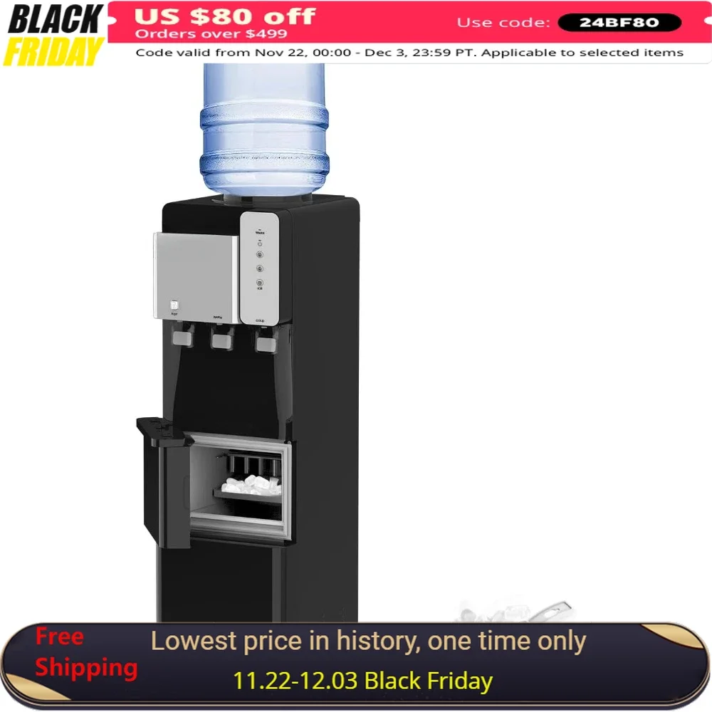 Water Cooler Dispenser, Top Load Hot Cold W/ Ice Maker, 3 Temperature & Child Safety Lock, 5 Gallon Bottle Water Dispenser