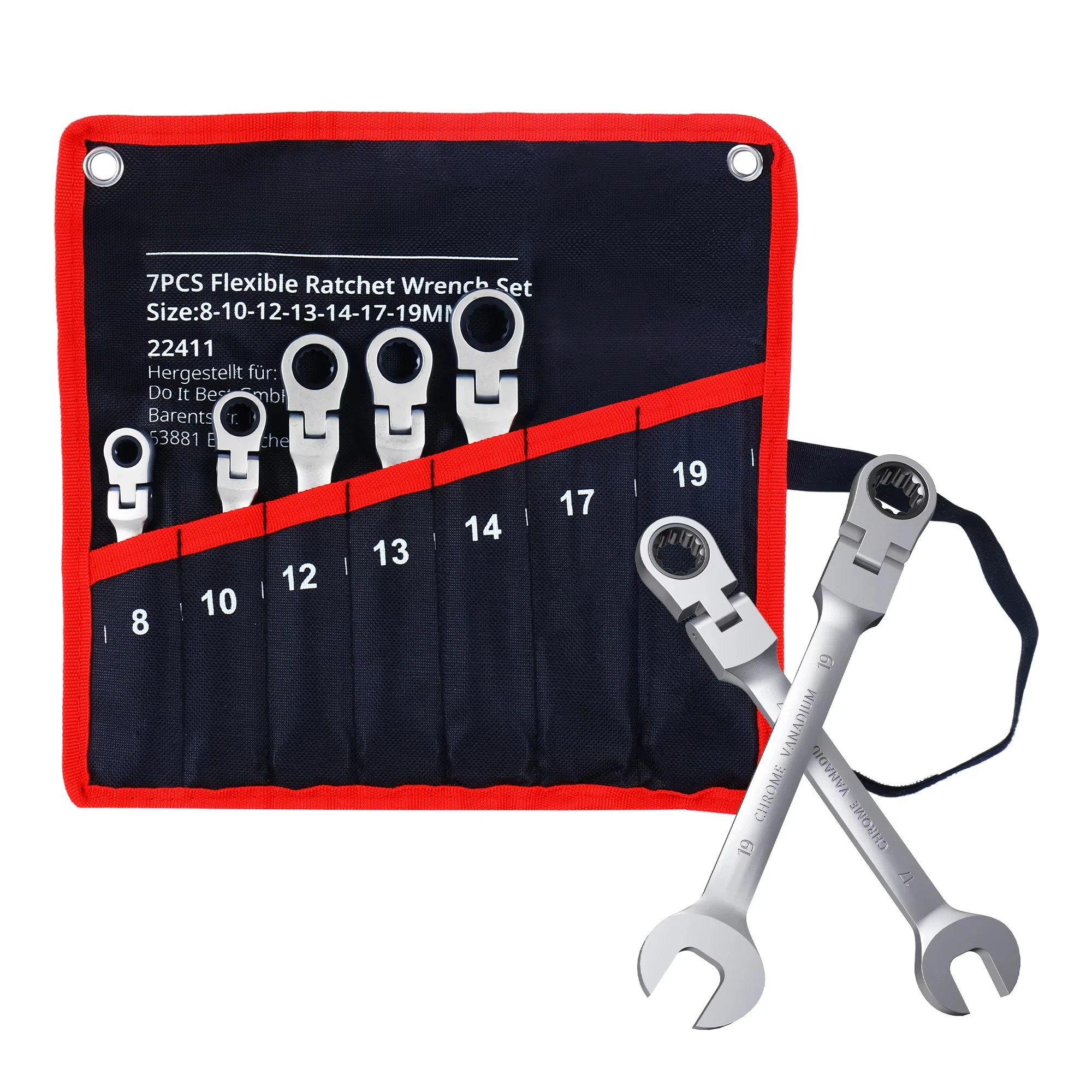 7PC Flexible Head Ratchet Wrench Set Industrial Tools with Storage Bag Mechanical Repair Hardware Sizes 8-19MM