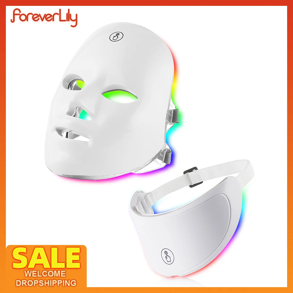 Foreverlily 7 Colors Light LED Facial Skin Care Mask With Neck Skin Rejuvenation Treatment Beauty Anti Acne Therapy Whitening