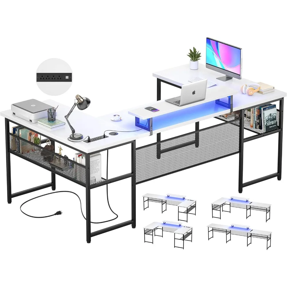 

Unikito U Shaped Computer Desk with LED Strip and Power Outlets, Reversible Large Office Desk with Monitor Stand and Storage She