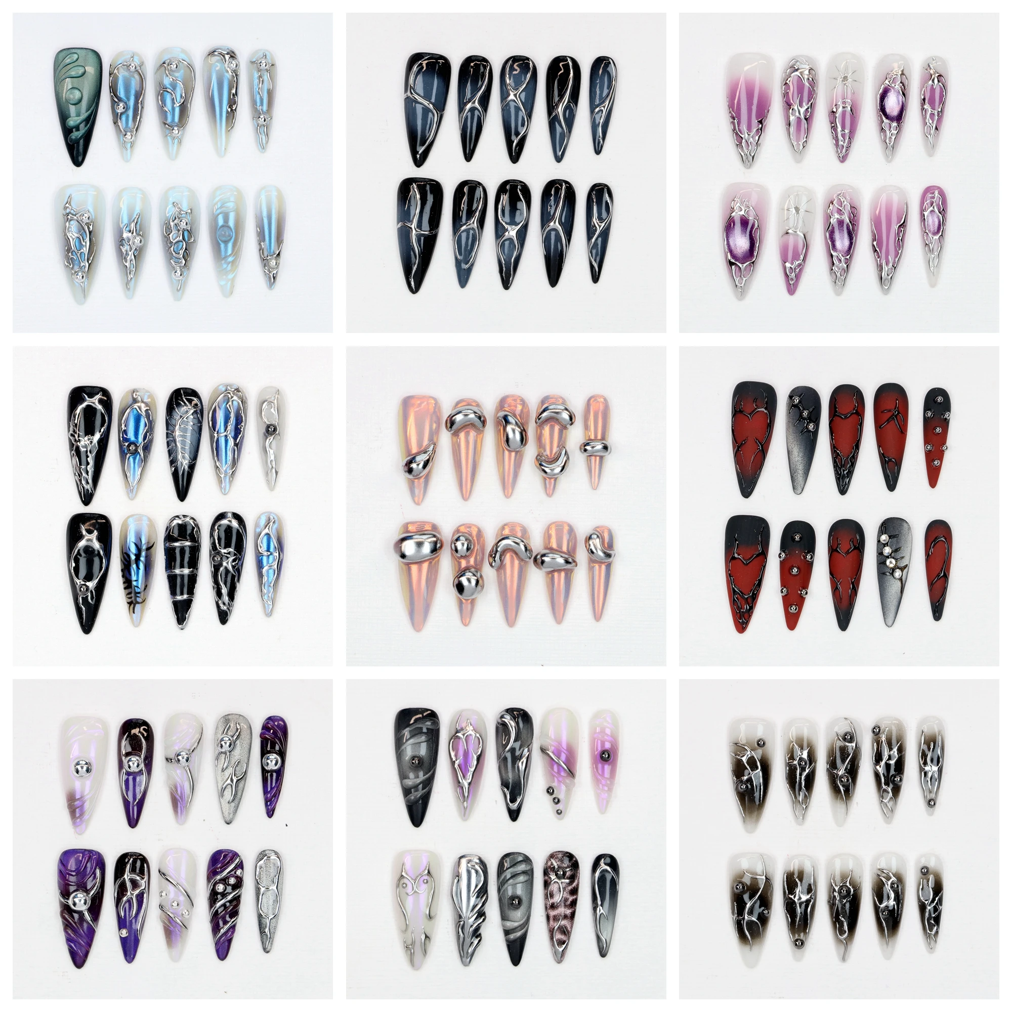 

10Pcs Hand-Painted Free-Style Press On Nail,Y2K 3D Acrylic Metallic Crystal Custom Design FreeStyle Long Stilett Holiday Nails