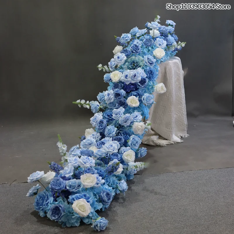 Blaue, dunkelgraue, rosafarbene künstliche Blumenreihe, Hochzeits-Treppengeländer-Blumenarrangement, lange Hängeblumen, Hotel-Balkon-Event-Party-Dekoration – Detail 4