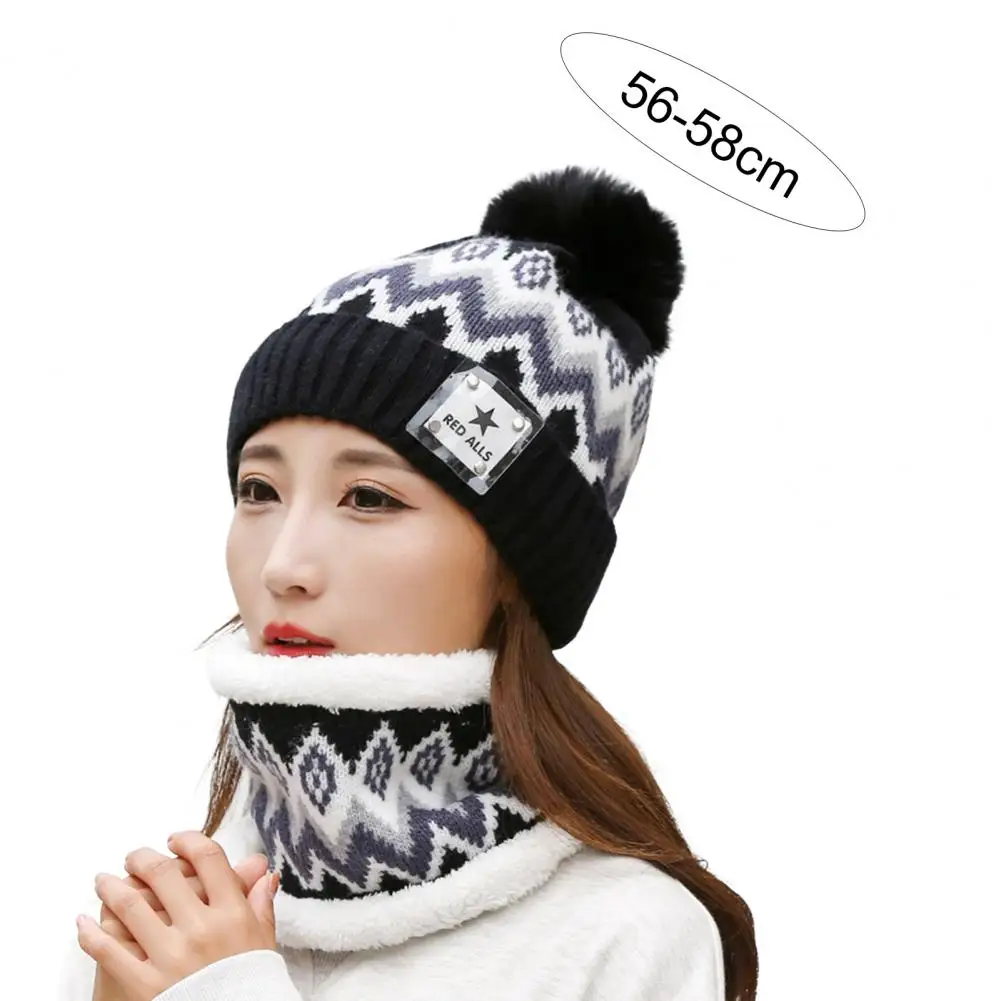 2Pcs/Set Women Hat Neck Warmer Knitted Star Labels Ear Head Neck Thickened Winter Beanie Cap Scarf Kit for Riding