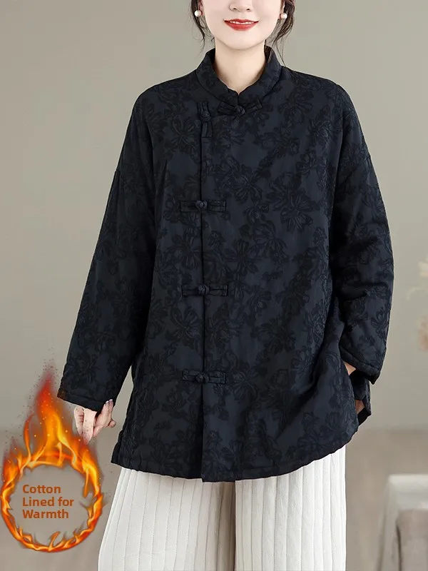 

Теплый хлопок Jaet, китайский воротник-стойка, длинный свек, фланелевой материал, средней длины, застежка на одной пуговице, цветочный...