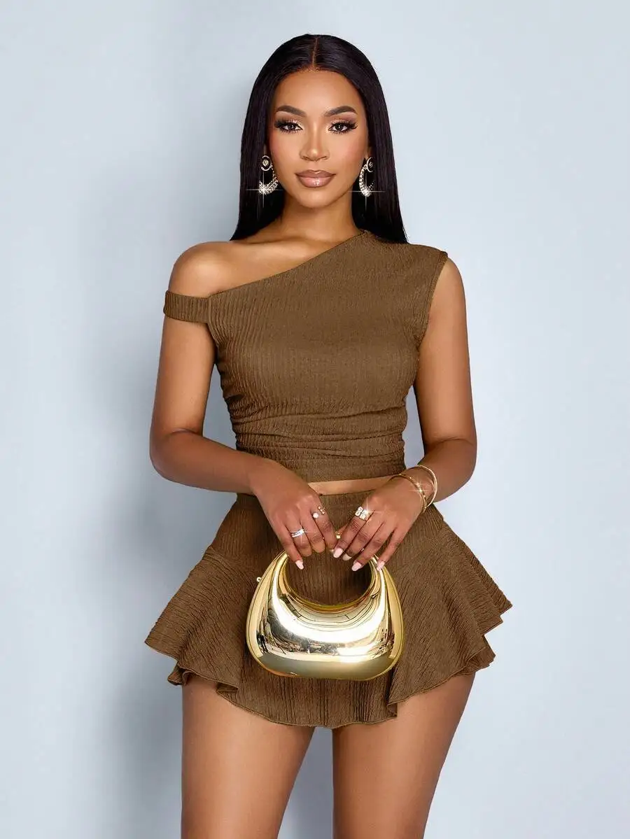 SOLERSUN Women's Chic Coffee Brown Off-Shoulder Tops And Asymmetric Skirt Suits,Summer Club Night 2Pcs Set, Textured Party