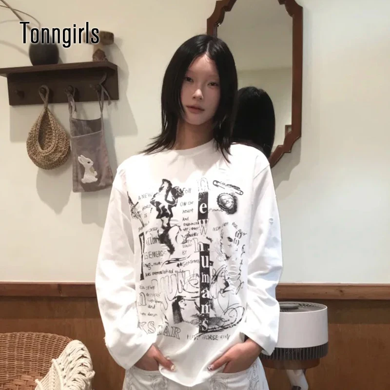 

Tonngirls Y2k японская футболка женская повседневная свободная футболка с графическим принтом винтажные топы в стиле гранж уличная одежда белые футболки с длинными рукавами