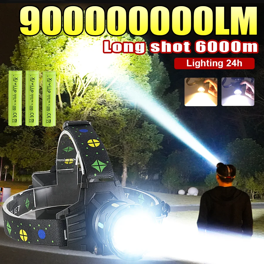 

900000000LM Ultra Powerful LED Headlamp Rechargeable Super Bright Head Lantern Lighting 6km Camping Fishing Head Flashlight
