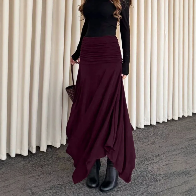Low Rise Casual Folds Skirt Autumn Streetwear & Elegant Outfits Chic Women's Drawstring Long Skirt Split Hem Loose Midi Skirt