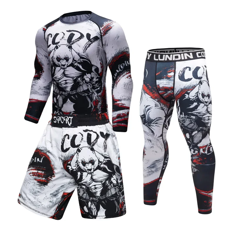 New Men Jiu Jitsu MMA Compression T-shirt+ Muay Thai Shorts Spartan Set Rashguard Shirts Clothing Bjj Boxing Boxe Sport Suits