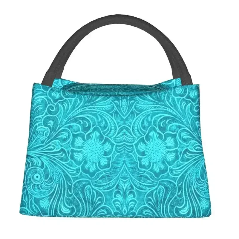 Turquoise Leather Texture Look Thermal Insulated Lunch Bags Women Embossed Floral Pattern Print Portable Container Meal Food Box