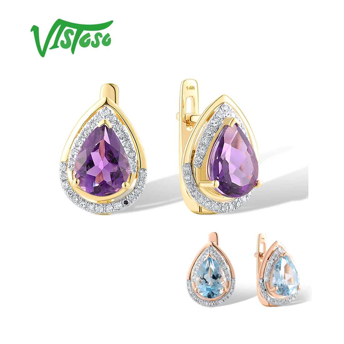 

VISTOSO Real 14K 585 Rose Yellow Gold Earrings For Women Sparkling Diamonds Blue Topaz Amethyst Wedding Fantastic Fine Jewelry