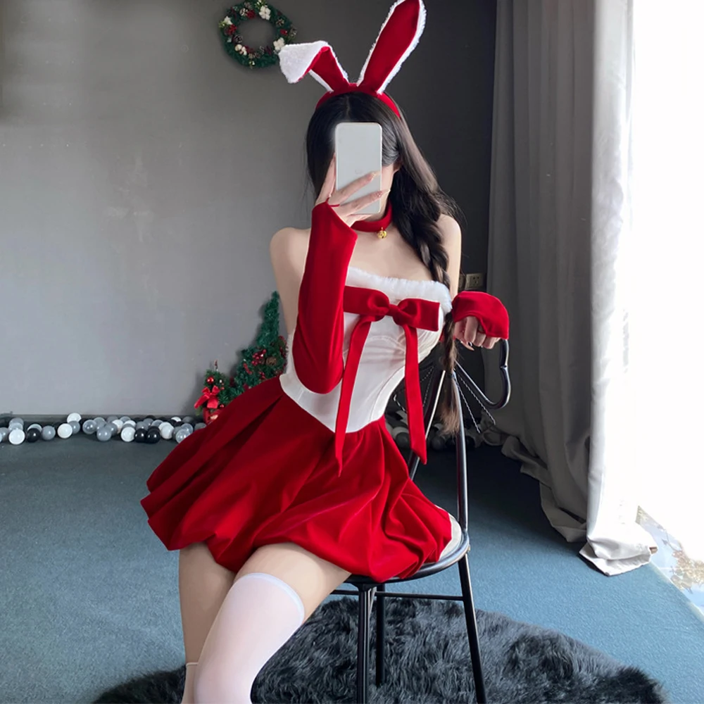 المرأة عيد الميلاد عيد الميلاد سيدة سانتا كلوز تأثيري حلي مثير ينغيرييس الشتاء حمالة صديرية دائرية فستان خادمة الأرنب فتاة موحدة #6
