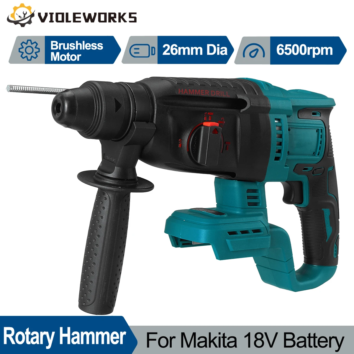 2600MM Electric Rotary Hammer 4800 rpm Brushless Cordless Pick Hammer Household Concrete Drill Tool for Makita 18V Battery